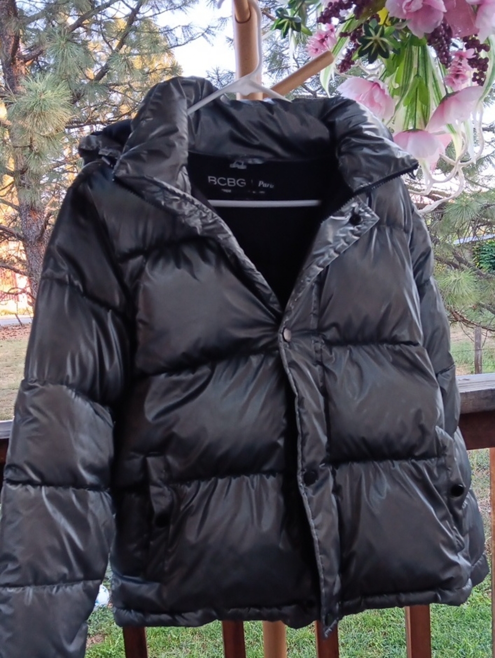 BCBG Paris Black Shiny Puffer Jacket with Hood